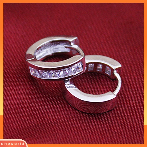 [WOD] Fashion Pria Perak Berlapis Bulat Kecil Persegi Berlian Imitasi Hoop Huggie Earrings