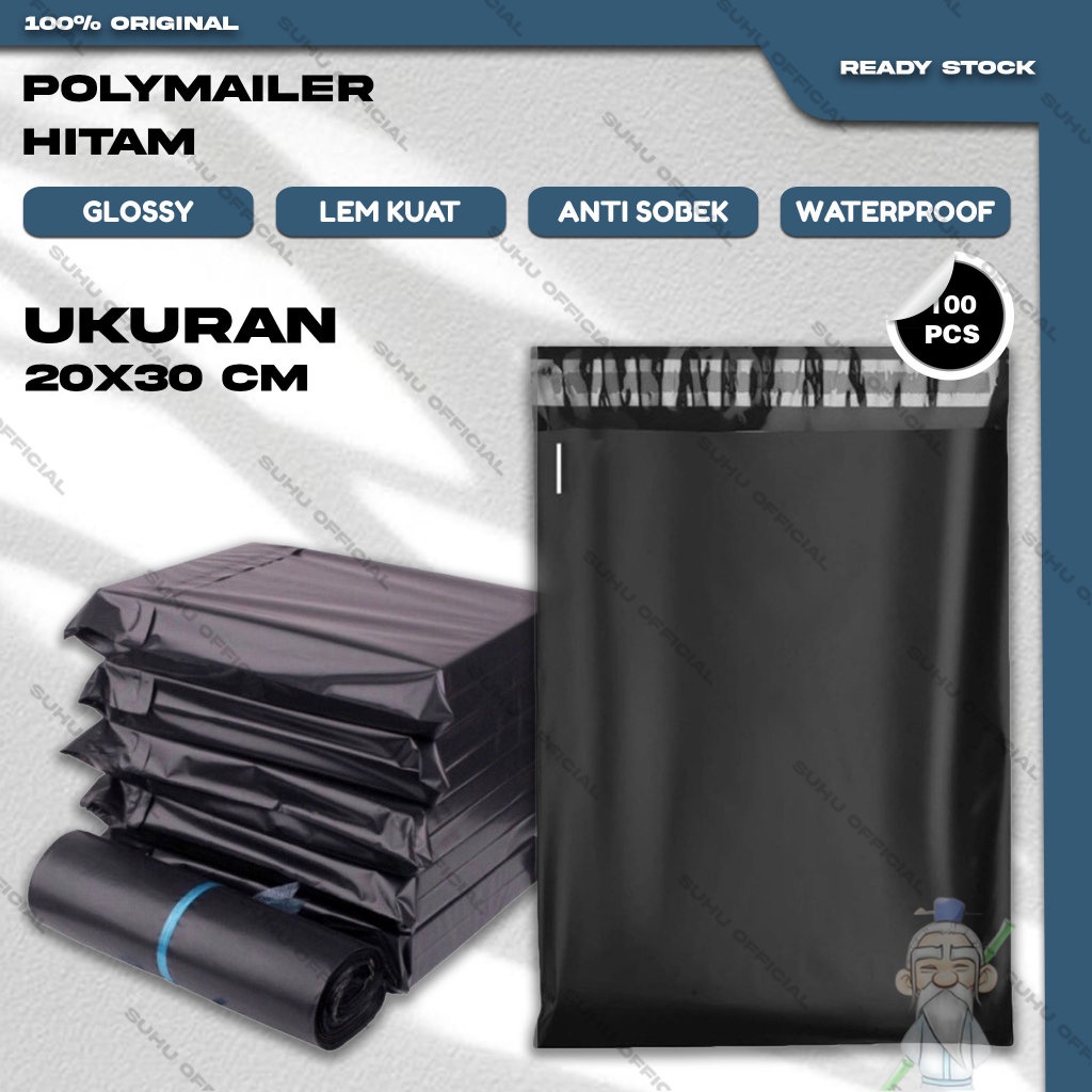 Plastik Packing Baju Kantong POLYMAILER Olshop isi 100 Lembar Hitam Ukuran 20X30