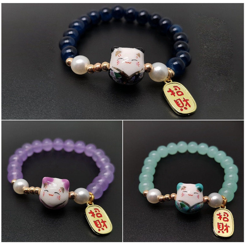 Lucky Cat Stone Beads Bracelet Bangles Sederhana Manis Gelang Keramik Untuk Wanita Gadis Hadiah Ulang Tahun Perempuan Pesona Perhiasan