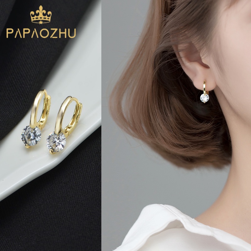 Papaozhu Mewah S925 Perak Berkilauan Zirkon 14 K Emas Anting Hoop Untuk Wanita Perempuan Chic Bersinar Kristal Menjuntai Anting-Anting Temperamen Telinga Perhiasan