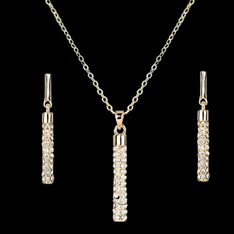 Fashion Kreatif Bertabur Berlian Silinder Batang Anting Kalung Set Aksesoris Wanita Temperamen Baru Berlian Perhiasan