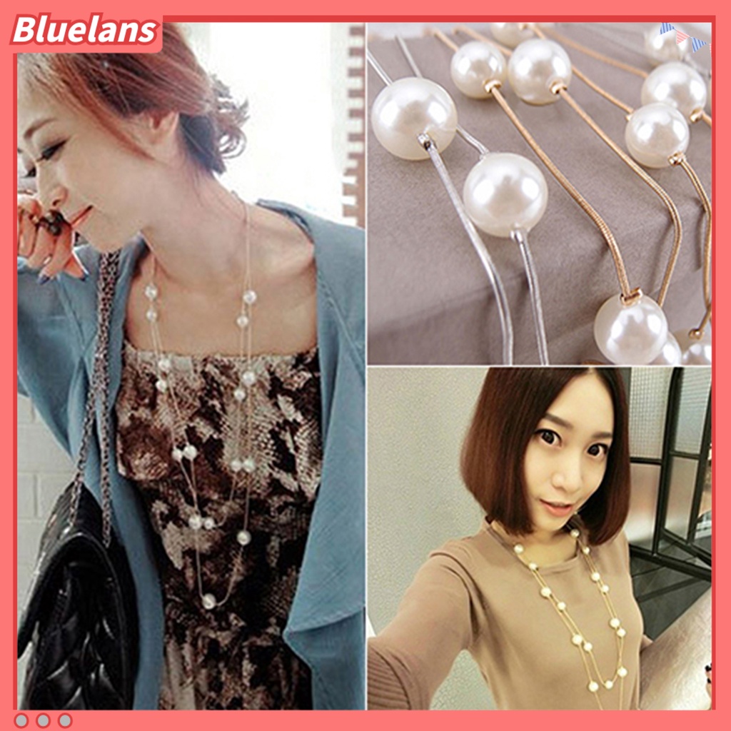 [BLS] Kalung Double Layer All-match Alloy Faux Pearl Decor Sweater Necklace Untuk Pesta