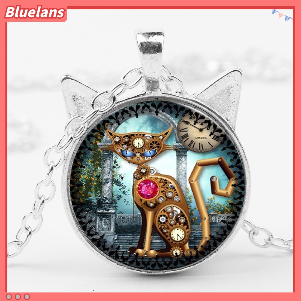 [BLS] Unisex Kucing Kaca Cabochon Liontin Vintage Perhiasan Rantai Sweater Kalung Hadiah