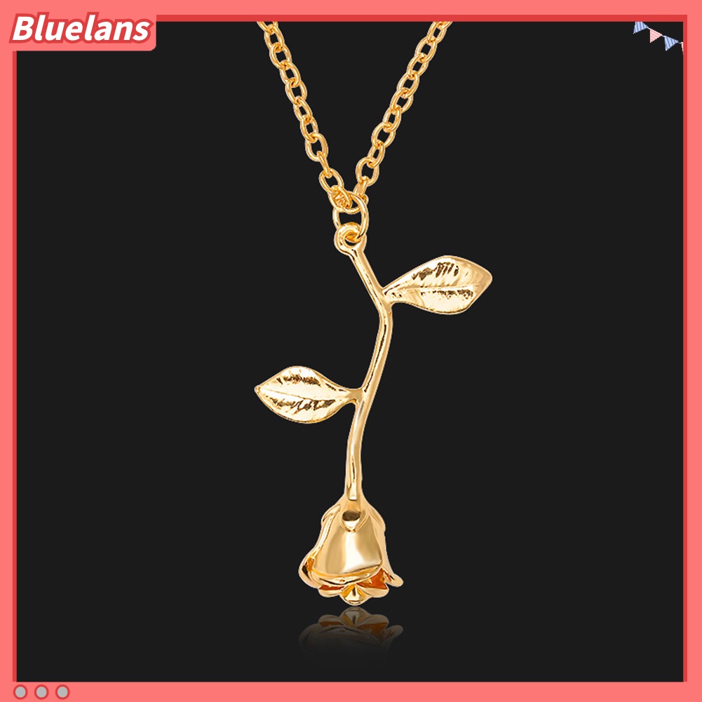 [BLS] Wanita Fashion Mawar Daun Liontin Alloy Rantai Panjang Kalung Pesta Perhiasan Hadiah