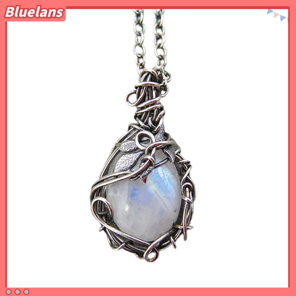 [BLS] Rantai Ekstensi Dapat Disesuaikan Wanita Kalung Ringan Retro Faux Moonstone Leaf Pendant Necklace Perhiasan Aksesoris