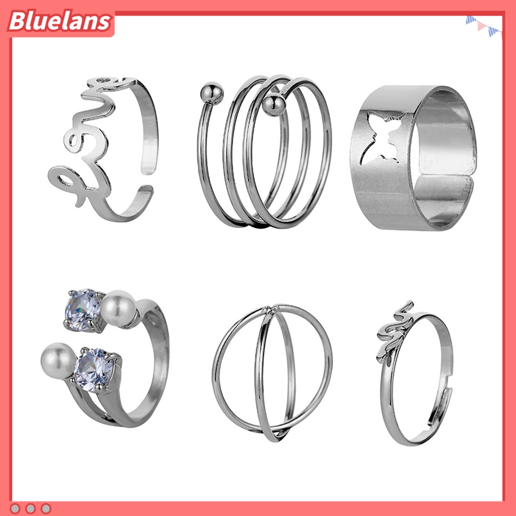 [BLS] 6pcs Cincin Jari Huruf Kupu-Kupu Mutiara Imitasi Pria Wanita Pembukaan Adjustable Ins Style Rings Fashion Jewelry