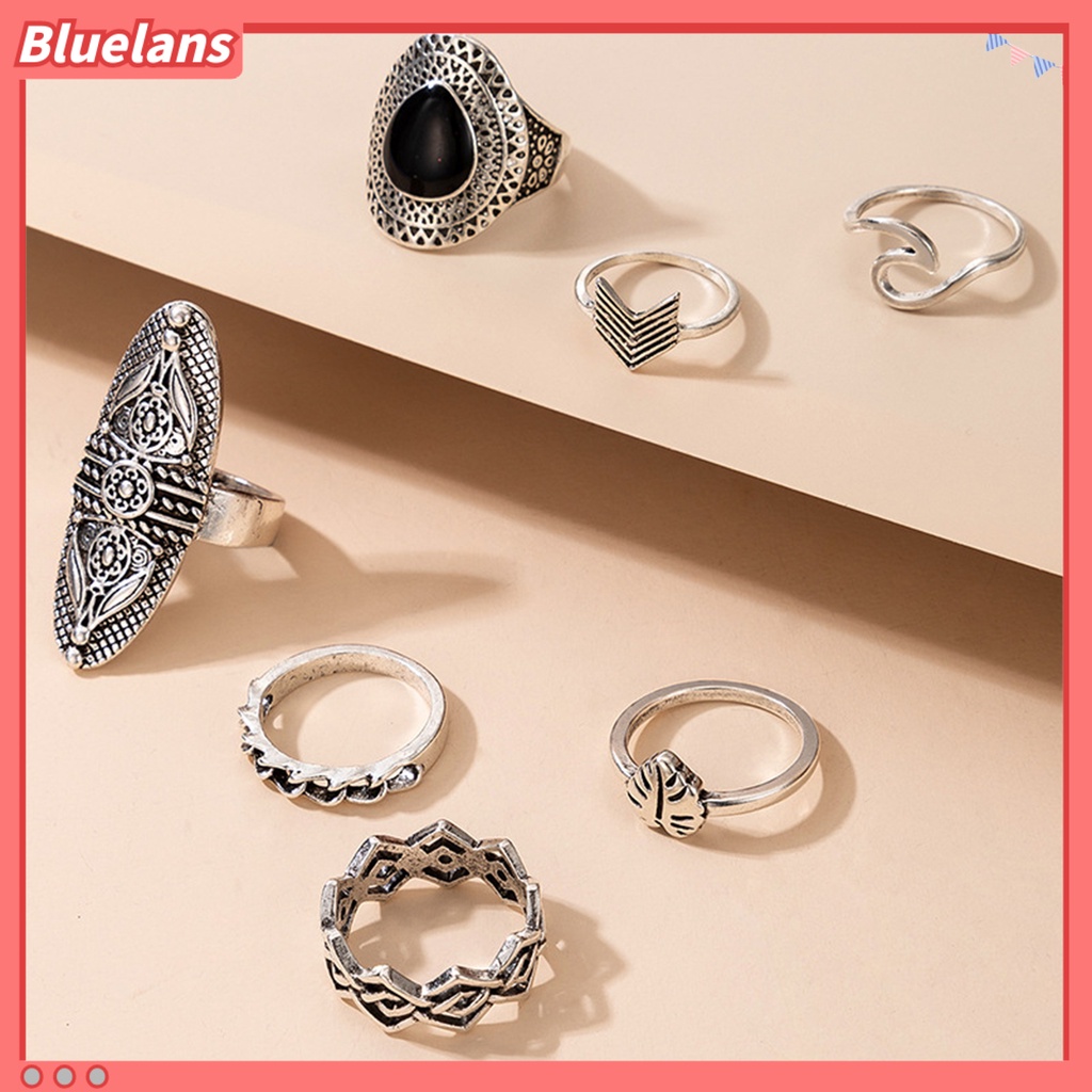 [BLS] 7pcs Cincin Bohemian Wanita Anti Tarnish Geometris Permata Imitasi Jari Cincin Set Perhiasan Untuk Pesta