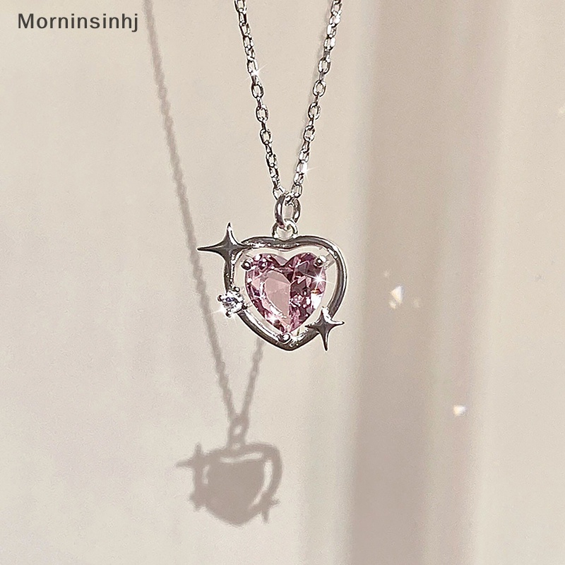 Mornin Gaya Korea Fashion Vintage Hollow Pink Kristal Jantung Liontin Warna Silver Kalung Rantai Leher Untuk Wanita Perhiasan Pernikahan id