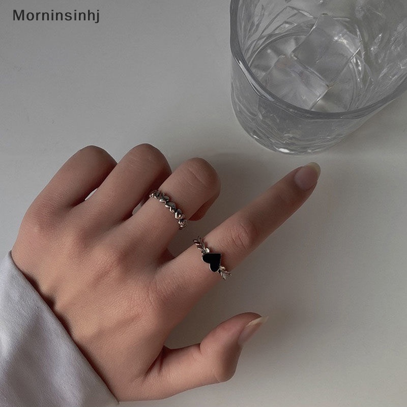 Mornin 2PCS Vintage Jantung Cincin Cinta Jari Rings Set Untuk Wanita Pasangan Kekasih Gadis Pesta Hadiah Tertekan Warna Hitam Hati Perhiasan id