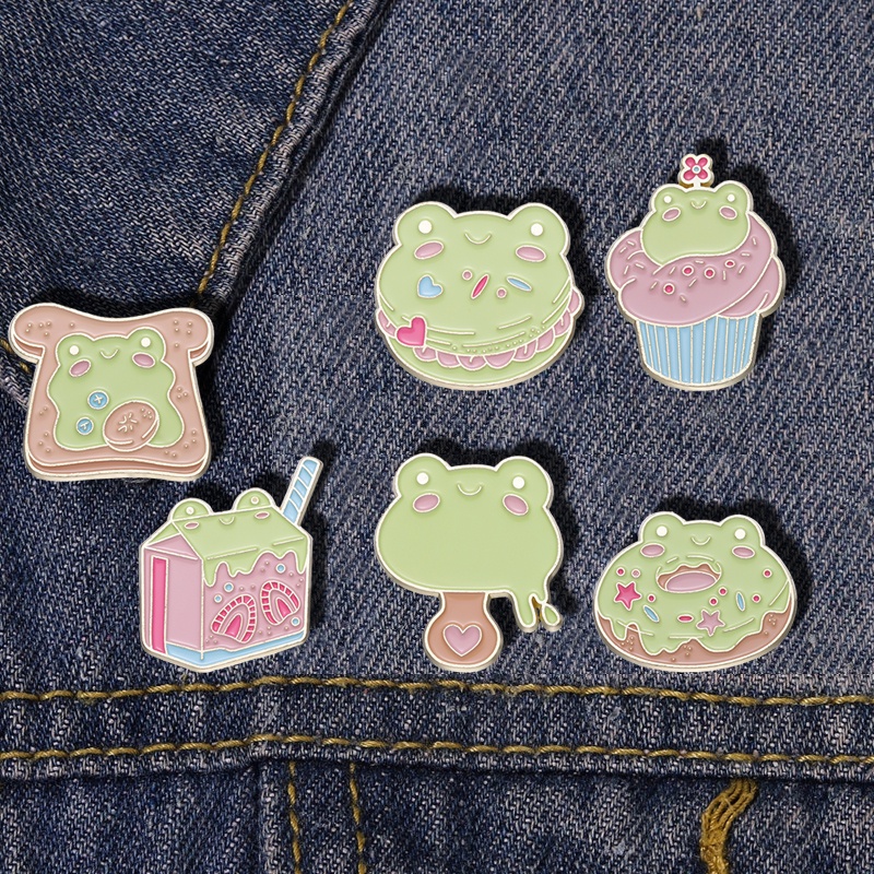 Hewan Lucu Kodok Enamel Pin Lencana Aksesoris Hadiah Untuk Teman Makanan Styling Lapel Kartun Kue Donat Es Krim Logam Bros