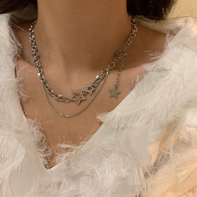 Merasakan Bintang Double Layer Kalung Perempuan Gaya Keren ins Hip-Hop Pendek Rantai Klavikula Trendi Berkelas Chain Necklace