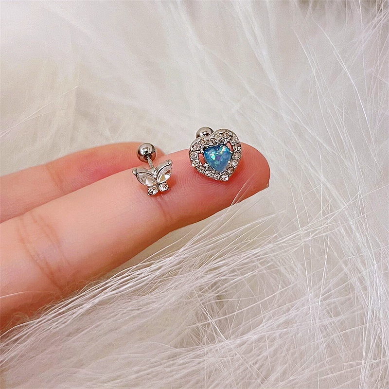 Kami Bunga 2 Pcs Korea S925 Perak Berkilau Zirkon Kupu-Kupu Biru Opal Hati Stud Anting-Anting Untuk Wanita Perempuan Chic Hypoallergenic Tindik Cinta Sekrup Anting-Anting Perhiasan Aksesoris