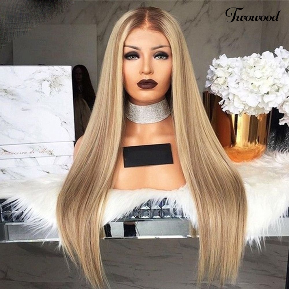 Twowood Long Wig Super Long Belah Tengah High Gloss Serat Suhu Tinggi Rambut Sintetis Golden Lurus Wig Untuk Perjamuan