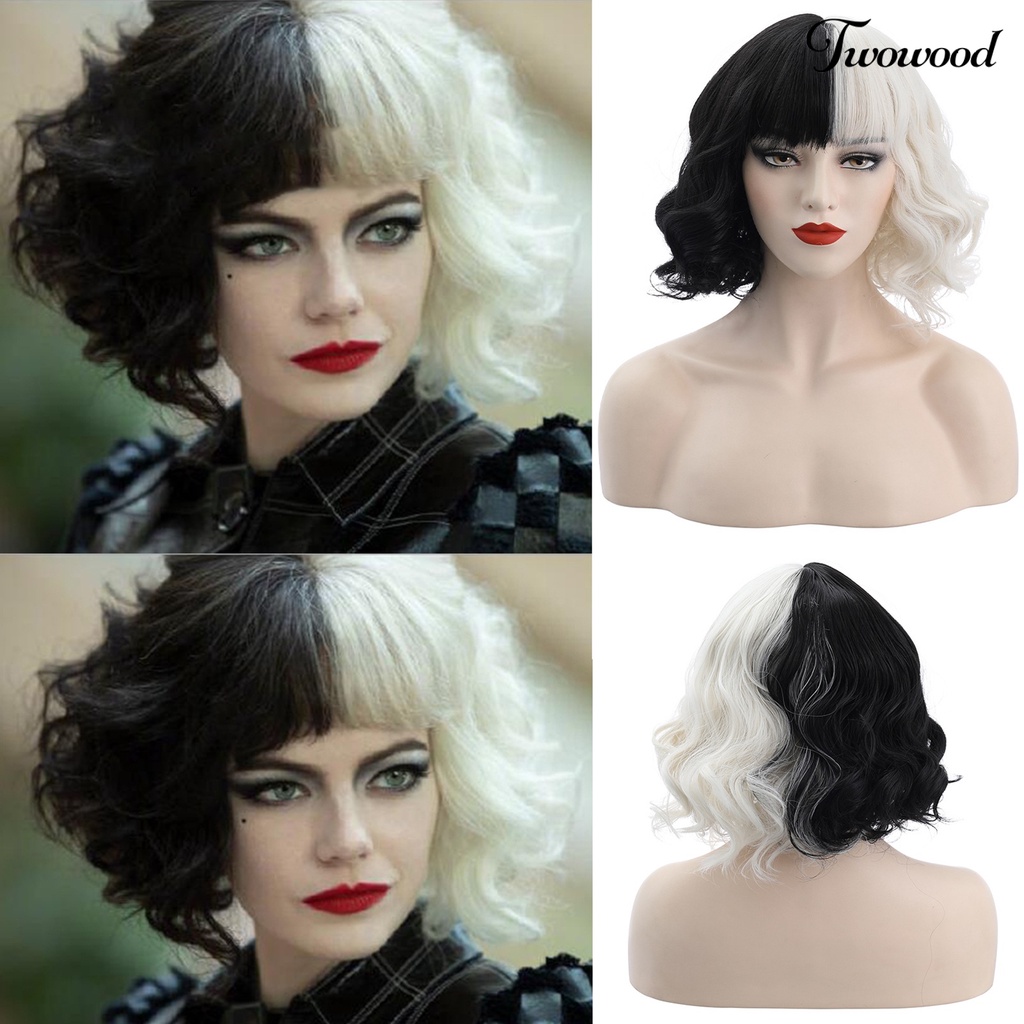 Twowood Cruella Wig Vivid Styles Wavy Serat Suhu Tinggi Setengah Hitam Kecil Pendek Keriting Karena Wig Alat Cosplay