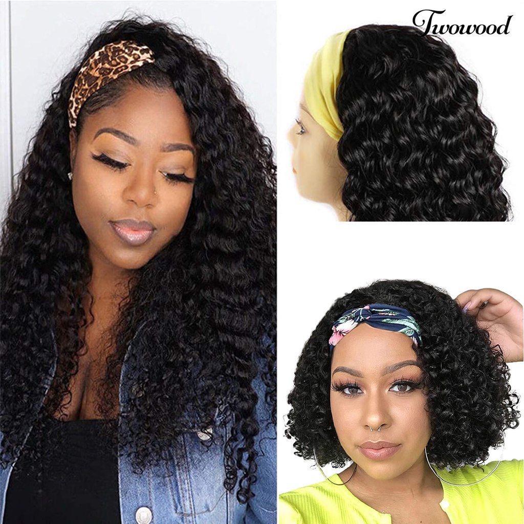 Twowood 1set Turban Wig Mudah Dipakai Lembut Berbulu Trendi Kosmetik Sehat Aksesori Suhu Tinggi Sutra Keriting Rambut Wanita Wig Untuk Kehidupan Sehari-Hari