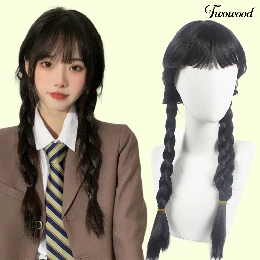 Twowood Cosplay Wig Simulasi Jangan Perm Halus Cakupan Penuh Bermain Peran Tanpa Simpul Panjang Hitam Kepang Rambut Dengan Poni Wanita Wig Pesta Supply