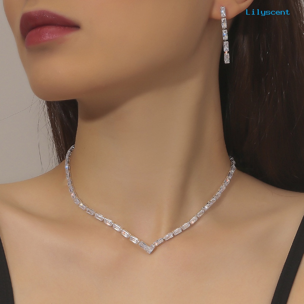 [LS]Wanita Kalung Elegan Temperamen Mewah Hadiah Mulia Hypoallergenic Mengkilap Cubic Zirconia Stud Earrings Kit Perhiasan Pengantin