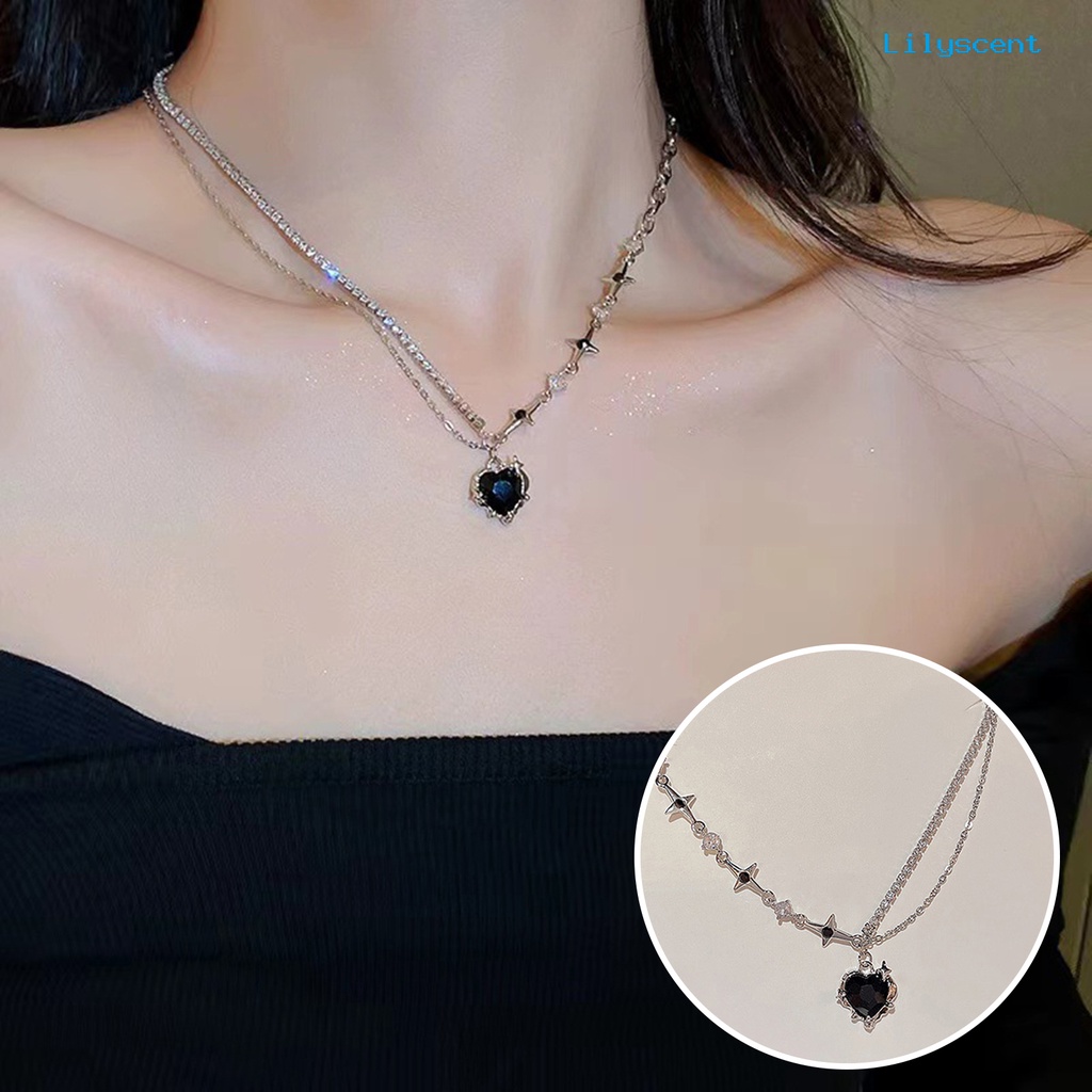 [LS]Wanita Kalung Dengan Liontin Hati Hitam Shiny Cubic Zirconia Hias Bintang Punk Asimetris Klavikula Kalung Fashion Perhiasan