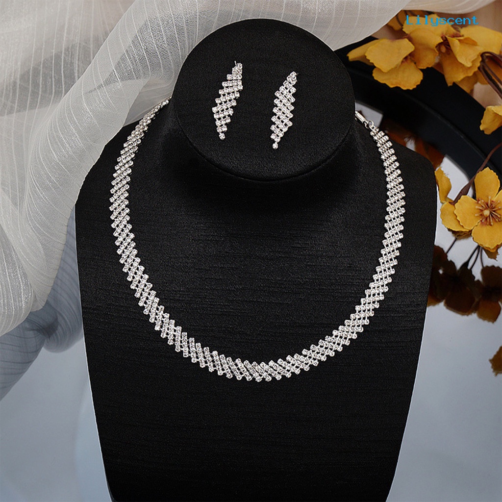 [LS]1 Set Kalung Pengantin Elegan Temperamen Mewah Mulia Dainty Hypoallergenic Berkilau Berlian Imitasi Menjuntai Anting Bangle Kit Perhiasan Pernikahan