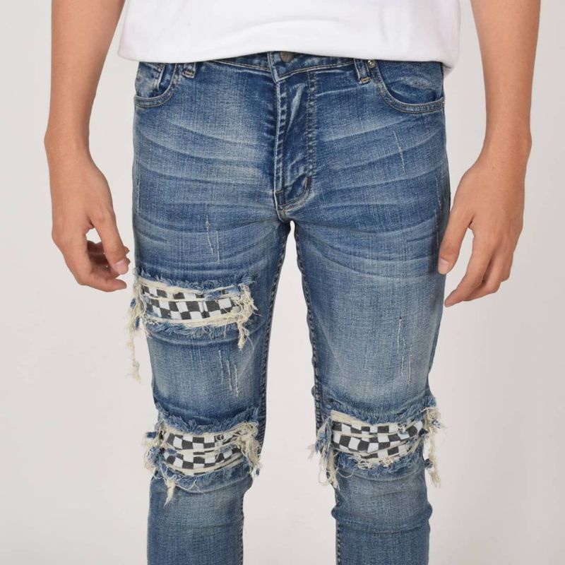 Weird Jeans   - Blue Chess - Celana Jeans Pria Skinny Slimfit Ripped Jeans