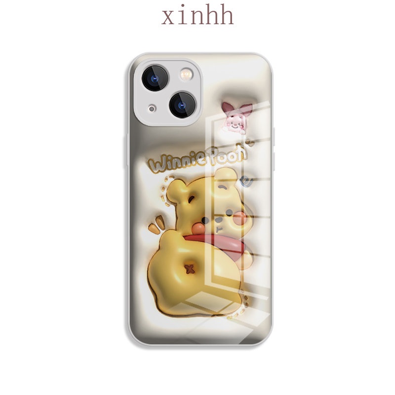 IPHONE Casing Hard Kaca Winnie Bear Datar 3D Cocok Untuk Iphone14 13 12 11 Pro Max Cat Metalik Motif Kartun Kartun Casing Pelindung