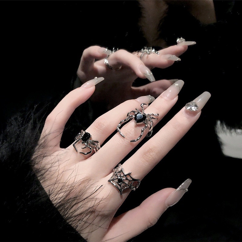 Fashion Punk Tidak Teratur Hitam Kristal Spider Webs Rings Hip Hop Gelap Gaya Wanita Gadis Logam Pembukaan Yang Dapat Disesuaikan Jari Cincin Perhiasan