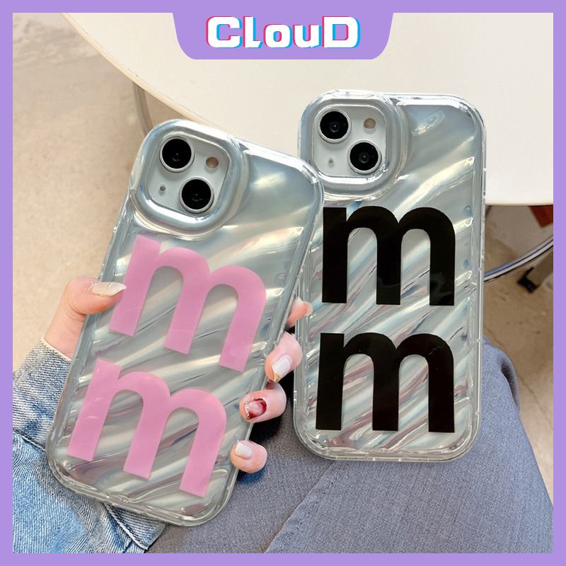 IPHONE 3d Stereo Bergelombang Dengan Penutup Stiker Hati Berlian Kompatibel Untuk Iphone13 12 11 14 Pro MAX 7 6 6S 8plus Se2020 7Plus XR XS X MAX Simple Huruf M Pita Pink Busur Soft Case