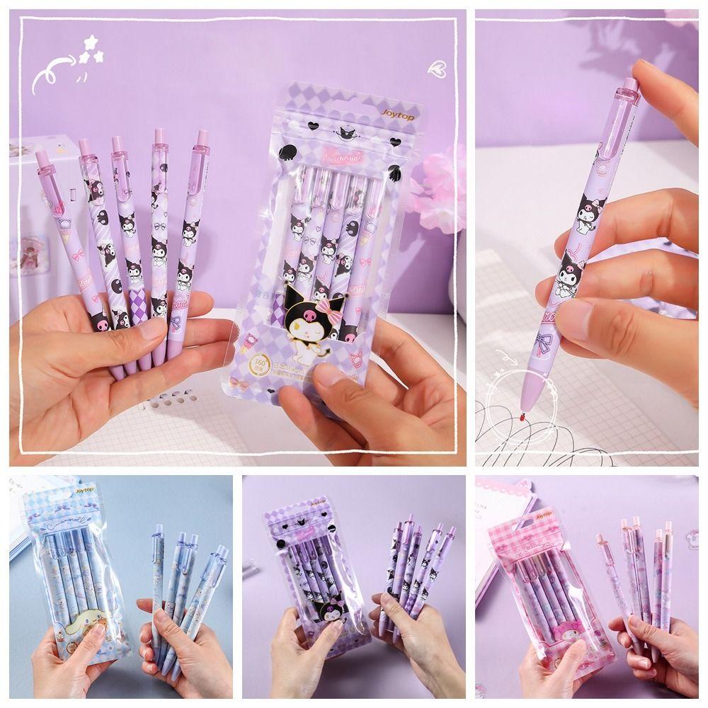 [Elegan] 5pcs /Set Pen Penandatanganan Tulisan, Pen Gel Press Plastik, Kawaii 0.5mm Tinta Hitam Alat Tulis Pena Gel Netral Untuk Sekolah