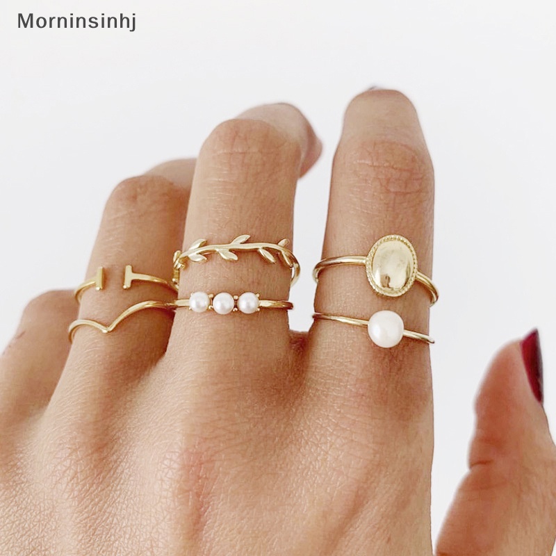 Mornin 6Pcs /Set Bohemian Midi Knuckle Ring Set Untuk Wanita Mutiara Imitasi Geometris Jari Rings Vintage Jewelry id