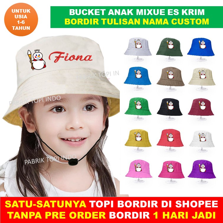 Topi Mixue Anak Bucket Mixue Es Krim dan Bordir Nama Anak Usia 1 - 6 Tahun