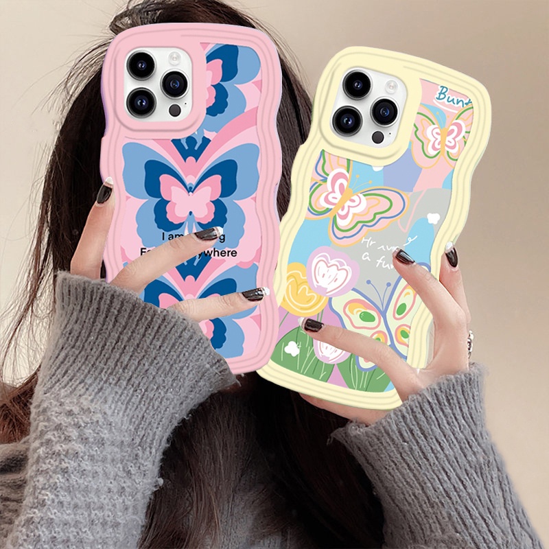 Soft Case VIVO Y02 Y16 V25E V27E Y22S Y35 Y01 Y21T Y21S Y33S Y12 Y15 Y17 Y11 Y12S Y12A Y15S Y15A Y20S Y91C Y19 Y30 Y50 Sarung Telepon TPU Tepi Gelombang Kupu-Kupu Warna-Warni