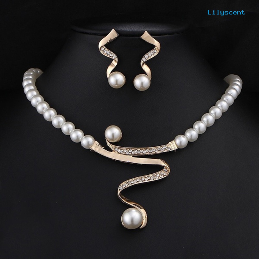 [LS]Rhinestone Faux Pearl Beaded Necklace Stud Earrings Set Perhiasan Pernikahan Pengantin