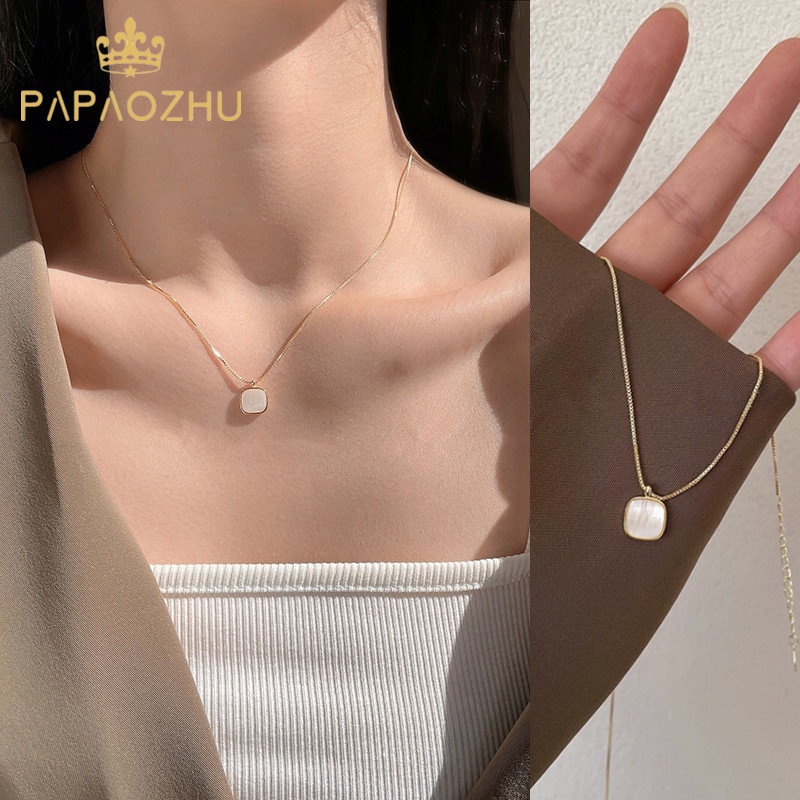 Papaozhu Vintage 14K Emas Kecil Persegi Shell Liontin Kalung Untuk Wanita Perempuan Pesta Pertemuan Pacaran Perhiasan