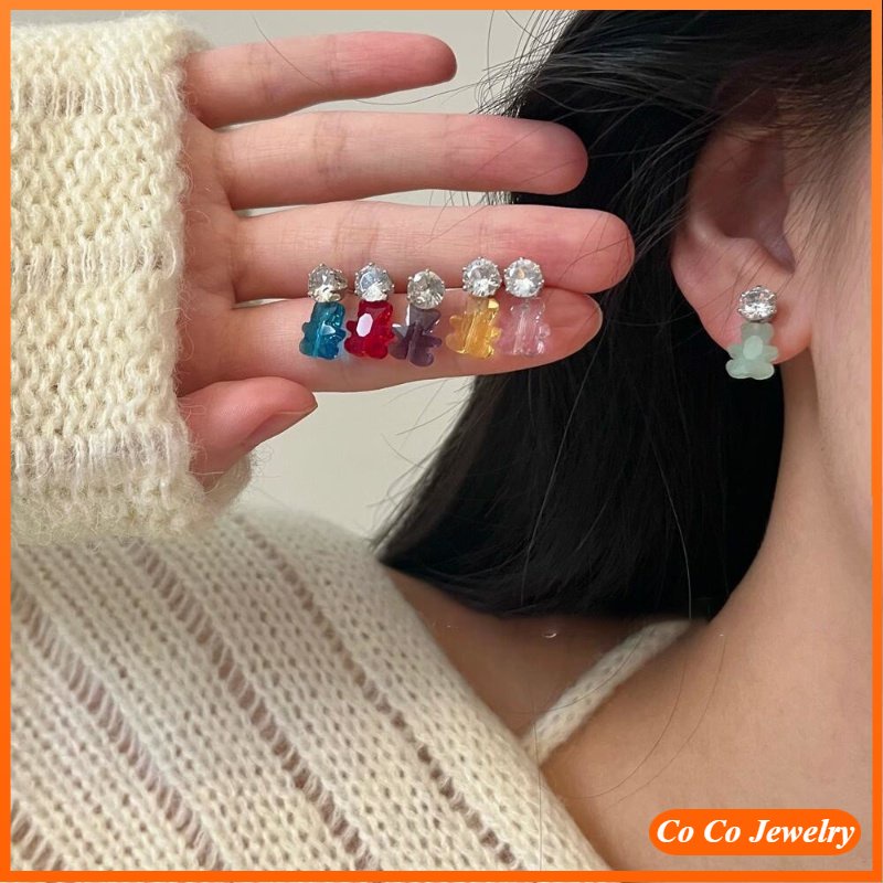 Korea Selatan Dongdaemun Berlian Imitasi Lucu Childlike Anting Beruang Kecil Multi-Warna Umur-Mengurangi Warna Anting-Anting925 Perak Jarum Perempuan