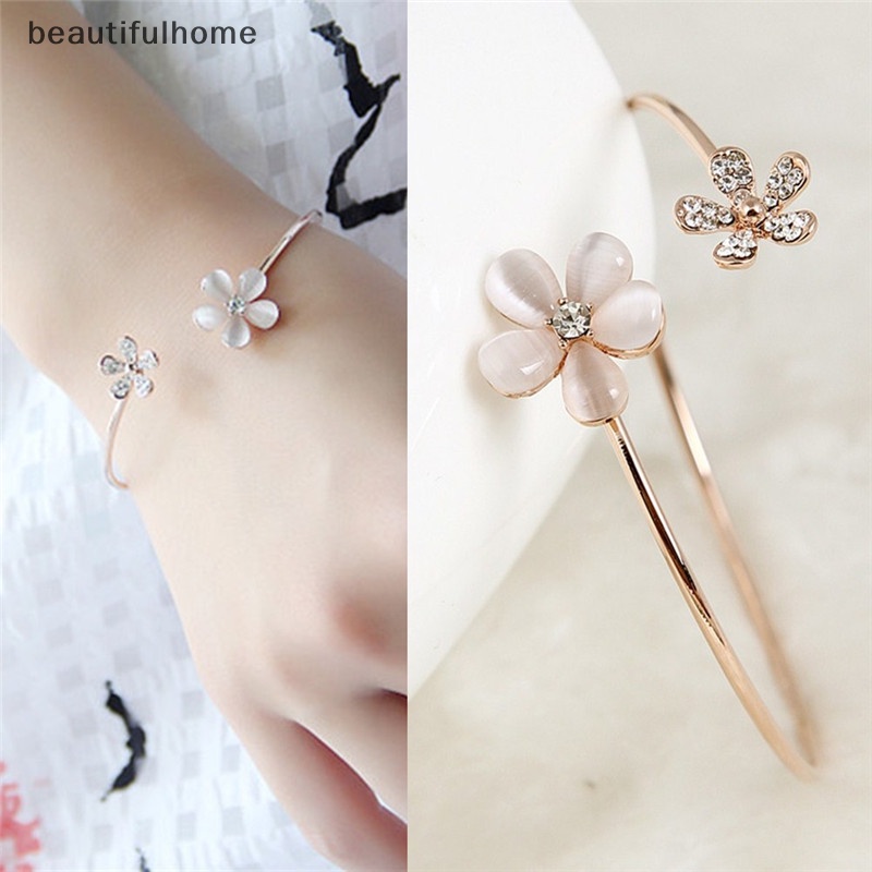 {beautifulhome} Fashion Wanita Bunga Kristal Berlapis Emas Manset Gelang Bangle Pesona Perhiasan Hadiah.