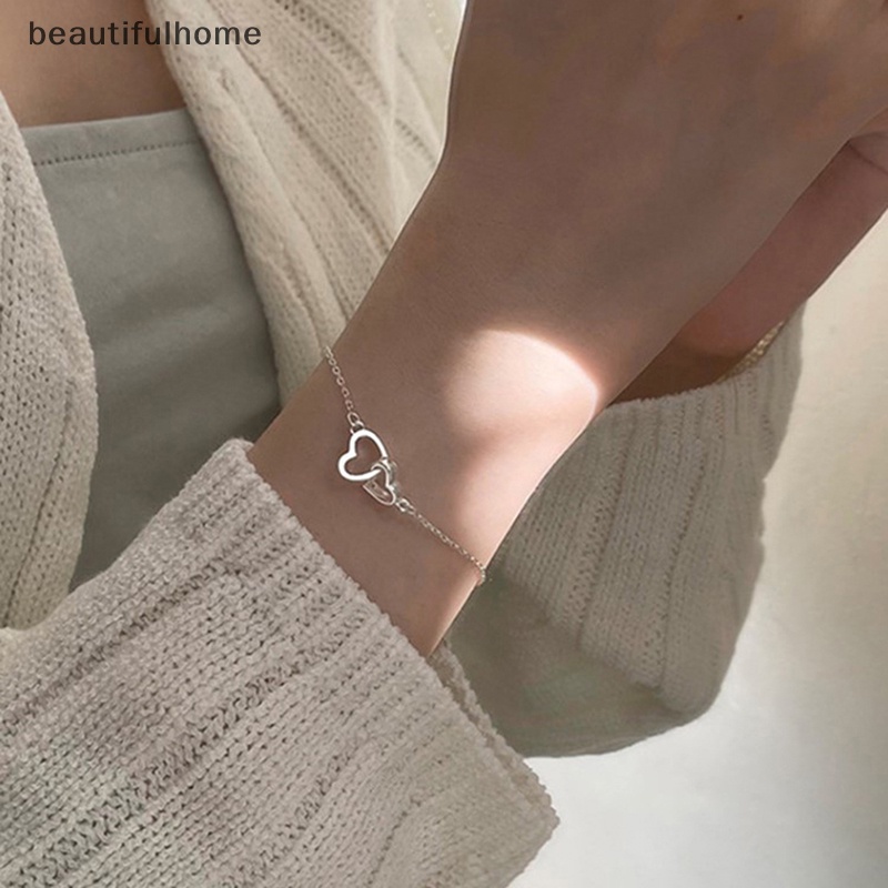 {beautifulhome} Baru Wanita Elegan Ganda Hati Tergantung Gelang Vintage Rantai Berongga Pergelangan Tangan Gelang Untuk Perempuan Tangan Perhiasan.