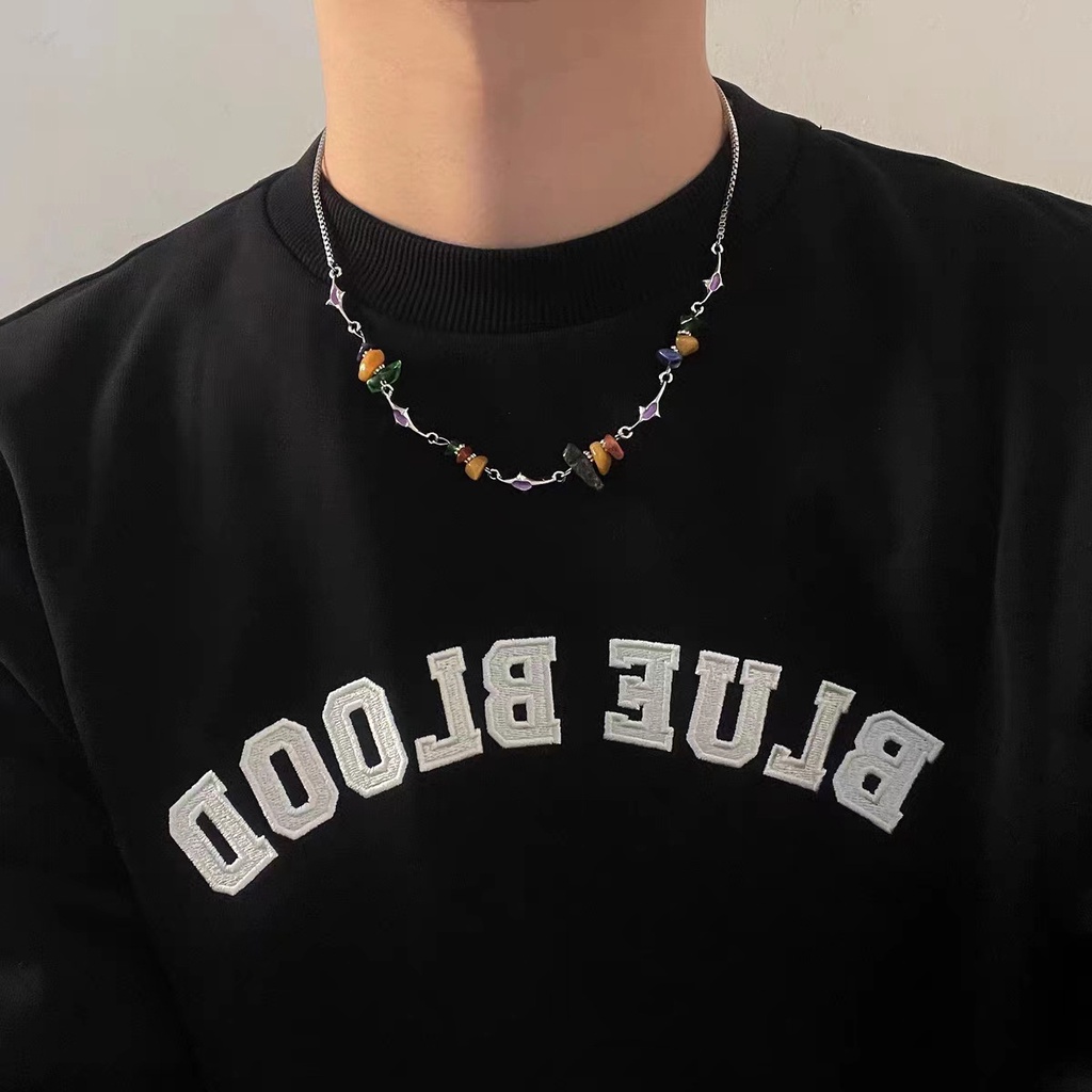 Kalung Pria Liontin Salib Kerikil Ganda Warna, Kalung Rantai Pria Keren Hip Hop Ganda