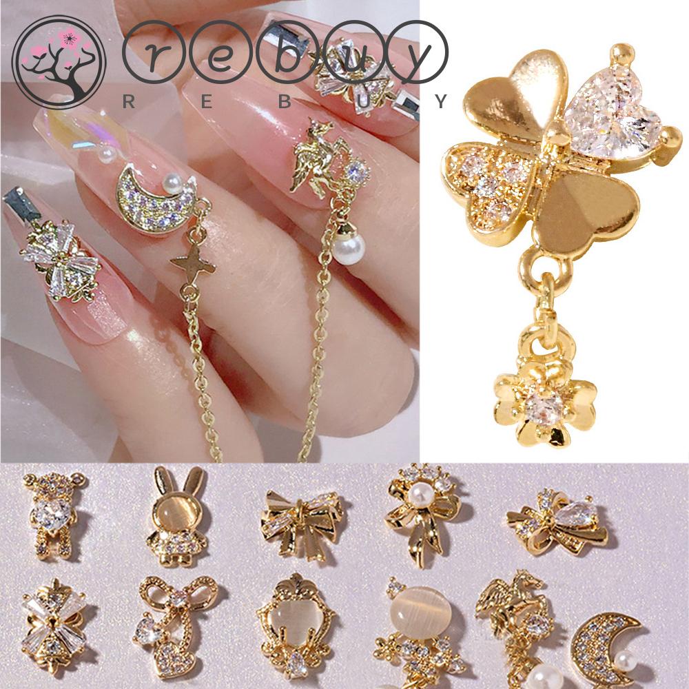 Rebuy Kuku Rhinestones Mewah DIY Mutiara Opal Manikur Alat Logam Zirkon Kristal Liontin Rantai