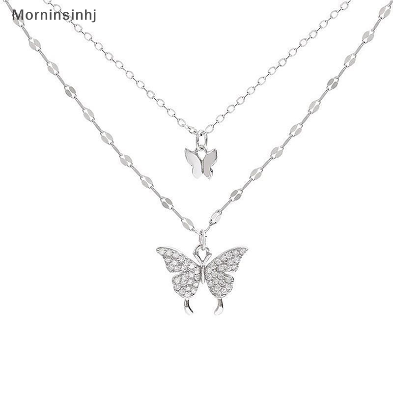 Mornin Fashion Shiny Butterfly Necklace Ladies Indah Rantai Klavikula Lapisan Ganda Keren Rantai Leher Untuk Wanita Perhiasan Hadiah id