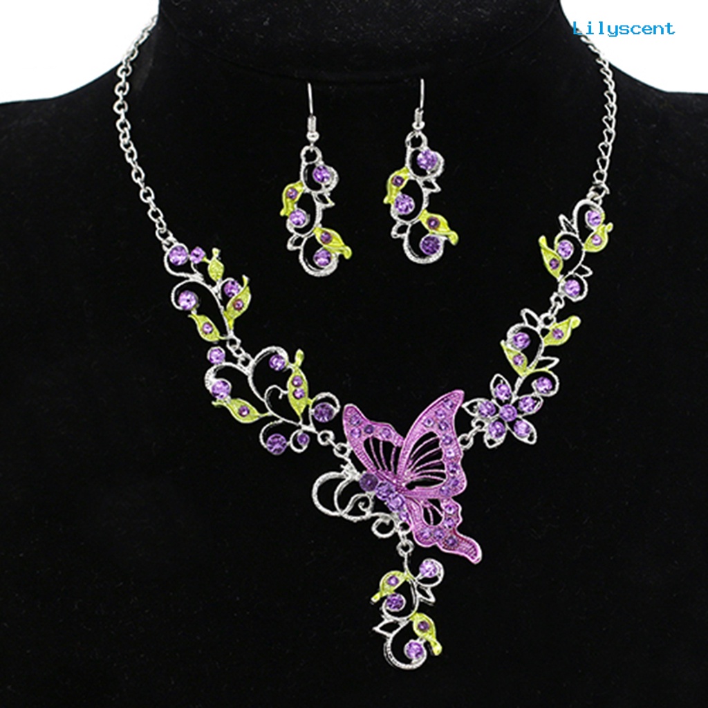 [LS]Lady Bridal Vinatge Butterfly Flower Bib Statement Kalung Anting Set Perhiasan