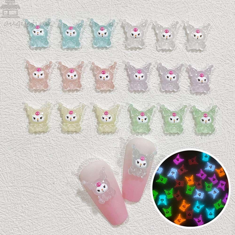 Agustinina Dekorasi Kuku Bercahaya Lucu 10 Pcs Kuromi Nail Drills Manicure Accessories Luminous Hiasan Kuku 3D Perhiasan Kuku
