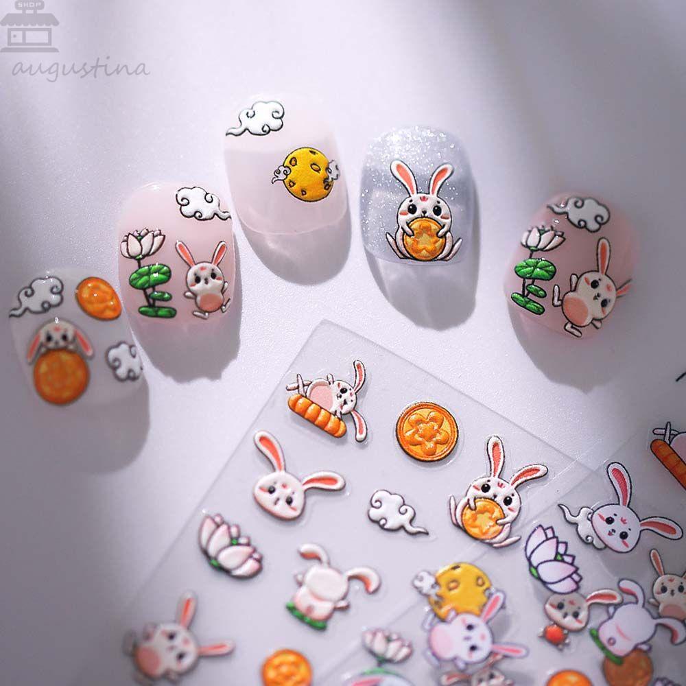AUGUSTINA Agustinina Stiker Kuku Kartun Wanita Kelinci Hewan Anjing Dekorasi Nail Art