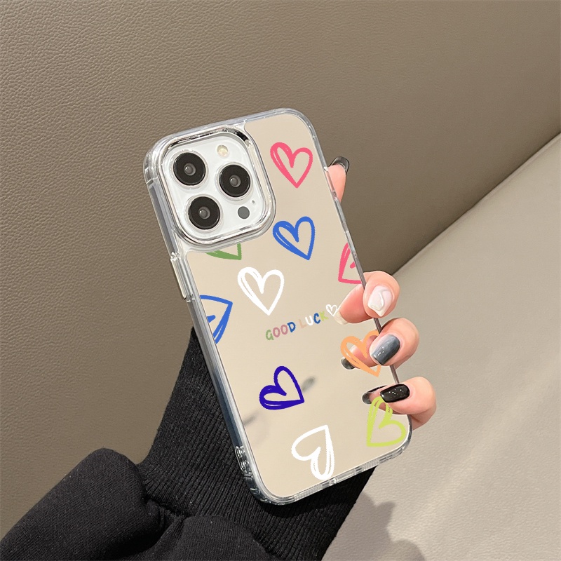IPHONE Casing Ponsel Cermin Hati Warna-Warni Kompatibel Untuk Iphone11 12 13 14 12Pro 13Pro 14Pro Pro Max XR X XS Max Electroplating Tombol Perlindungan Mirror Cover
