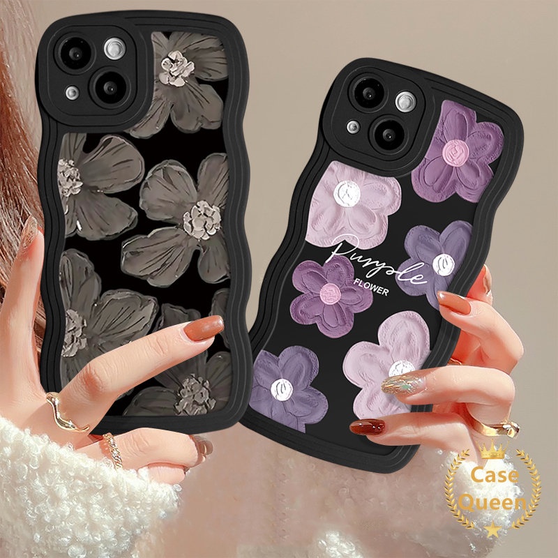 Casing Bunga Segar Untuk Redmi A1 9C 12C 9C Nfc10 9 10C 9T 10A 9A Redmi Note8 11 10S 11s 10 9 Art Fashion Cat Minyak Warna Hitam Ungu Floral Wavy Edge Soft Tpu Cover