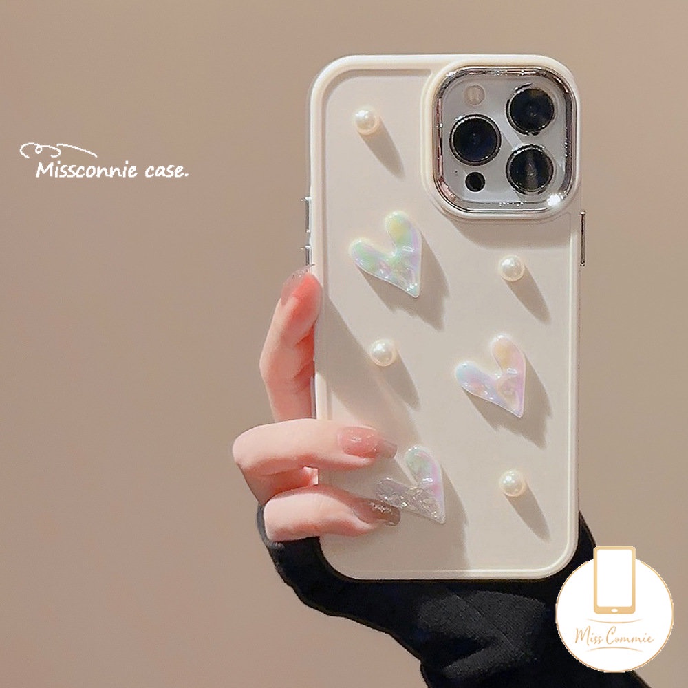 Simple Solid Color Case Compatible for IPhone 11 14 13 12 Pro Max 7plus X XR 7 8 Plus XS MAX Luxury Plating Metal Lens Frame Cover with 3D Cream White Pearl Love Heart Accessories