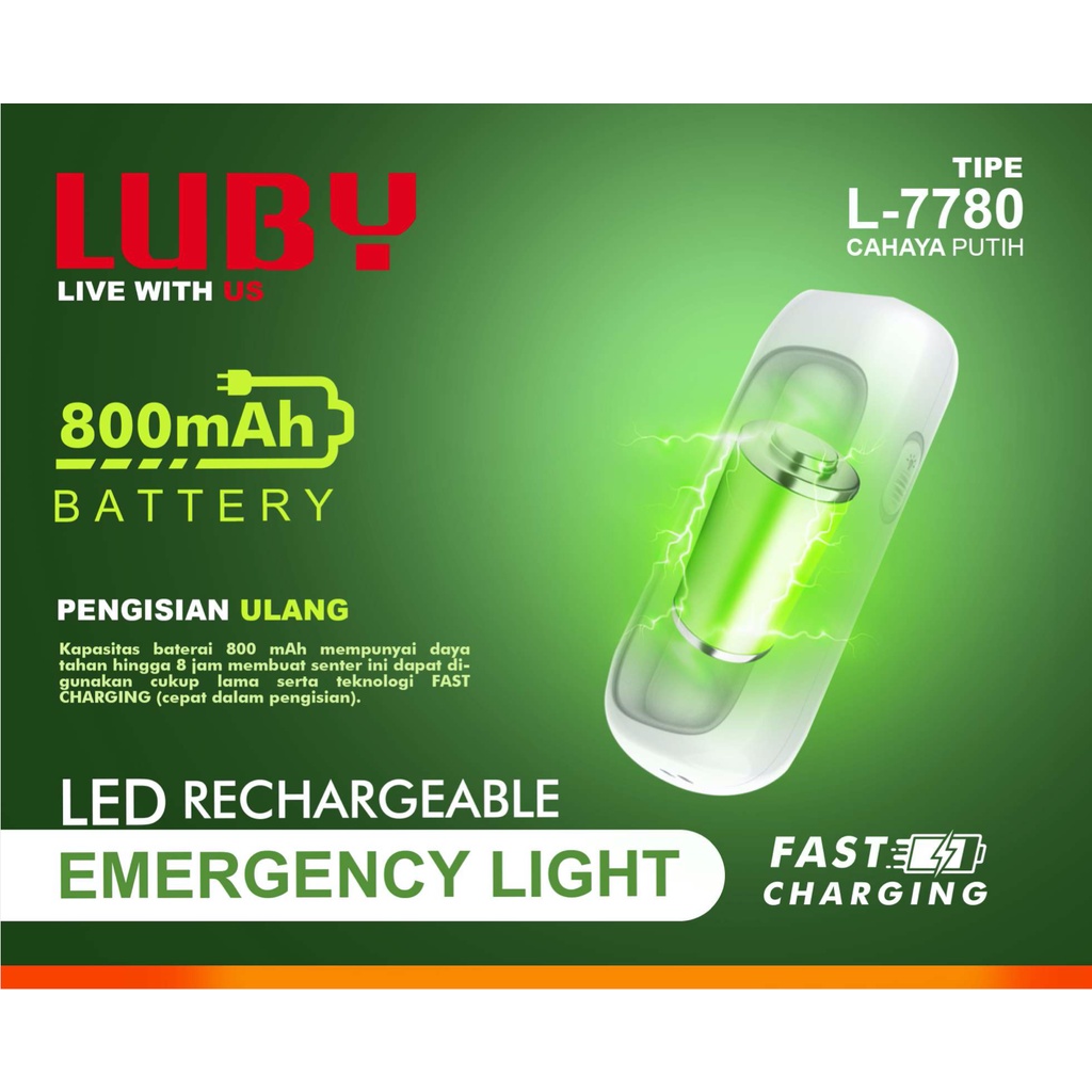 Lampu Emergengy Cas LUBY L 7780 Putih Baterai Rechargeable Ulang Lampu EMergency LED Camping 3 1 Watt Senter