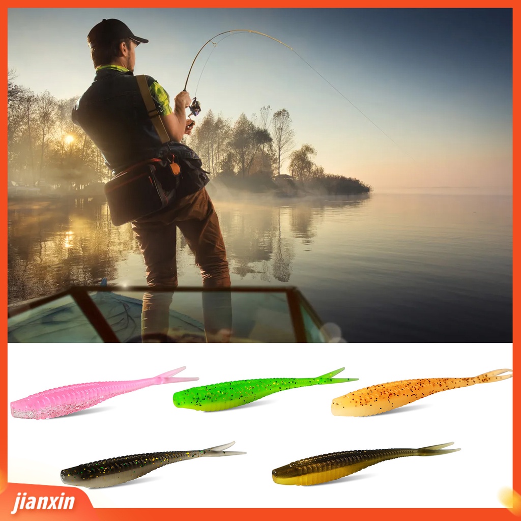 (In Stock) 10Pcs Umpan Pancing Tampilan Realistis Warna Cerah Tahan Gigit Fleksibel Desain Payet PVC Garpu Ekor Umpan Lembut Umpan Bionik Alat Pancing Perlengkapan Memancing