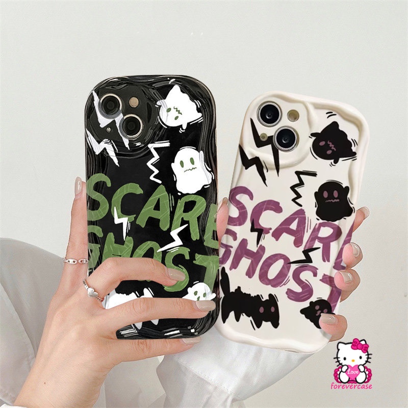 Cartoon Scared Ghost Cat Soft Tpu Case Compatible for IPhone 7Plus XR XS X Max 7 6 8 6s Plus 11 14 12 13 Pro Max SE 2020 Cute Little Monster 3D Wavy Curved Edge Couples Cover