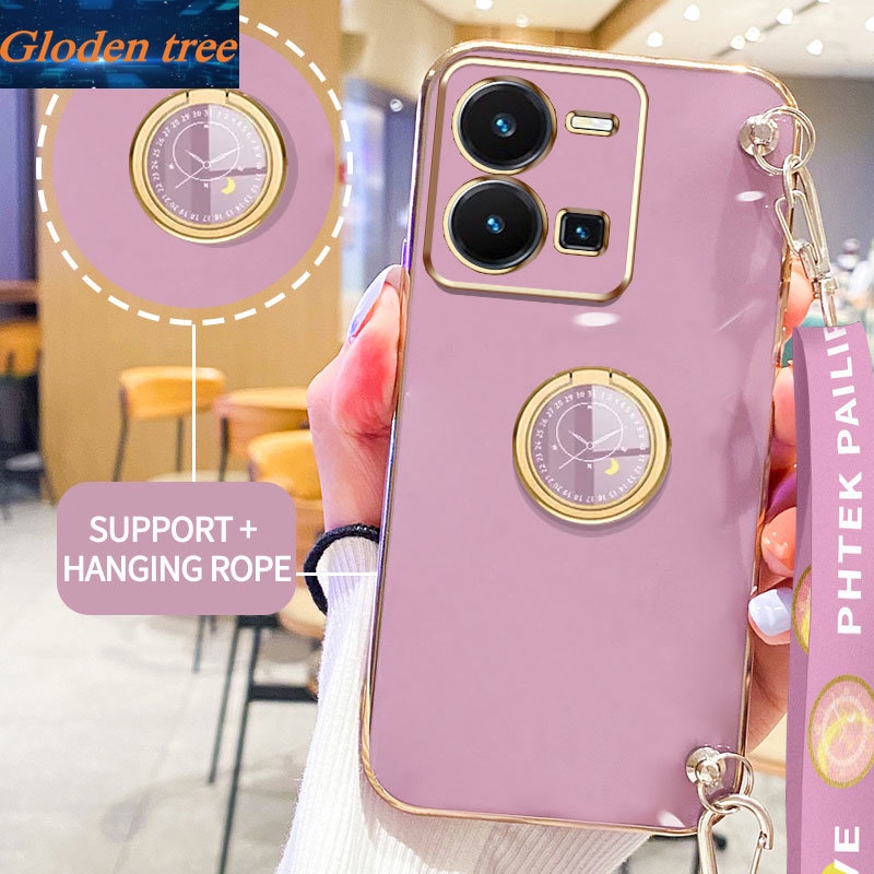 Gloden tree Phone Case Untuk Vivo Y35 Casing Original Dengan Lanyard Standand Jam