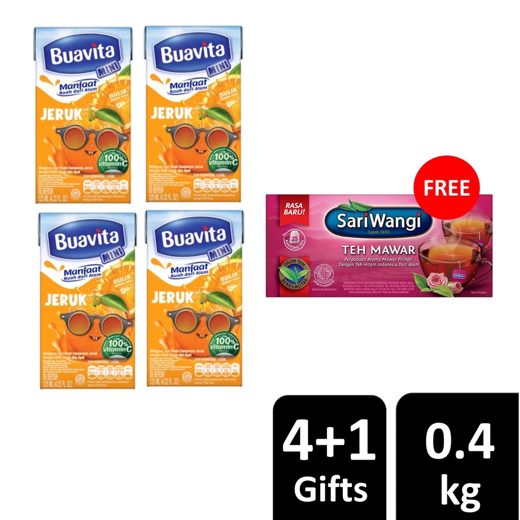 

[PAKET MINUM VITAMIN] Buy 4 Buavita Mini Jeruk 125ml FREE Sariwangi Mawar isi 25